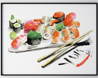 Sushi watercolour painting ink illustration restaurant interior design foodie lover food wall art poster print japanese style Giclée print