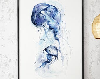 Hand Painted Jellyfish Watercolour Art Print Ocean Wall Art Coastal Nautical Home Decor Marine Life Sea Creature Giclee Purple Blue Indigo