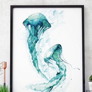 Jellyfish Watercolour Painting Giclée print coastal decor wall art sea ocean nautical beach house jelly fish wedding gift swimmer surfer