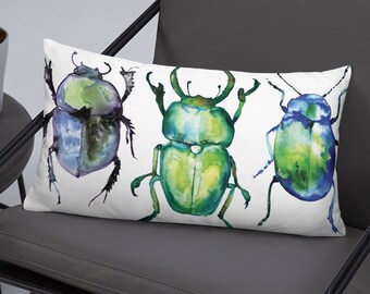Cojín de escarabajo en toda la impresión Almohada envoltura alrededor de diseño acuarela Pintura insectos casa tropical calentamiento regalo único decoración del hogar insectos