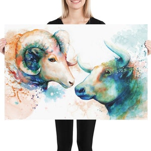 Aries Taurus Zodiac watercolour painting starsign Giclée print wedding Astrology gift idea personalised hand painted artwork wall art