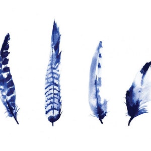 Plumas tinta pintura arte mural acuarela plumas pintadas a mano azul índigo ilustración póster impresión Shibori diseño de interiores Giclée print