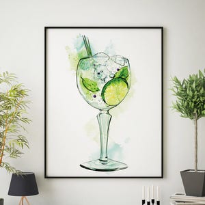 Giclée print Gin cocktail watercolour painting illustration Home Bar pub retro nightclub interior design drinks wall art image 3