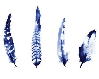Plumas tinta pintura arte mural acuarela plumas pintadas a mano azul índigo ilustración póster impresión Shibori diseño de interiores Giclée print