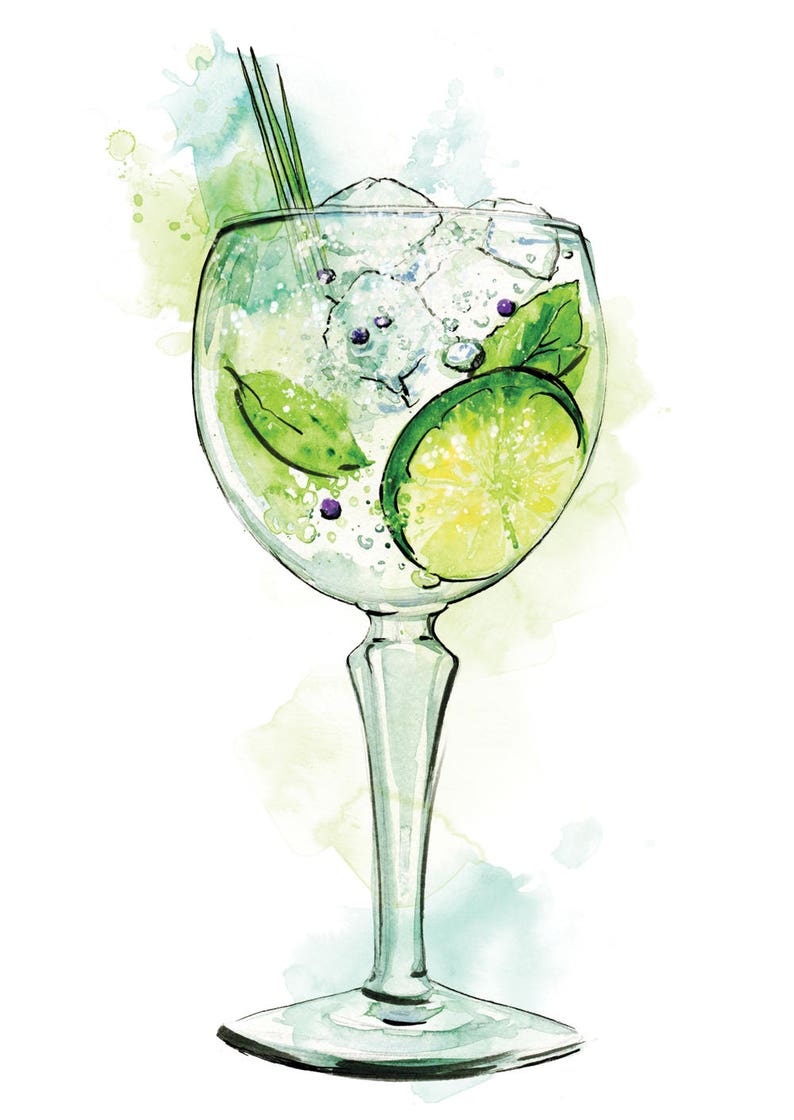 Giclée print Gin cocktail watercolour painting illustration Home Bar pub retro nightclub interior design drinks wall art image 4