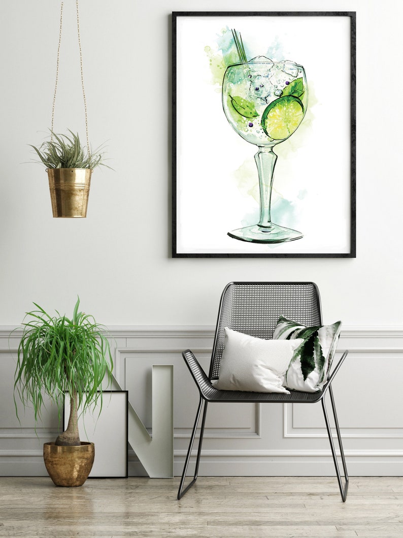 Giclée print Gin cocktail watercolour painting illustration Home Bar pub retro nightclub interior design drinks wall art image 1