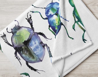 Throw Blanket beetles insects bugs watercolour hand painted tropical home decor accessory house warming gift unique Leona Beth Art Halloween