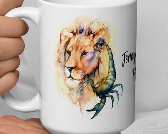 Tasse mit Sternzeichen Löwe Skorpion handgemalt Tasse Kaffeetasse Geschenk Kaffeetasse Geschenk Kaffeetasse Geschenk spülmaschinenfest Künstlerdesign von Skorpion