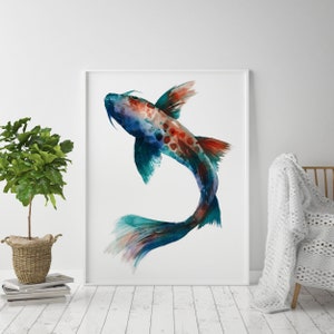 May include: Watercolor painting of a blue, red, and green koi fish with a white background.