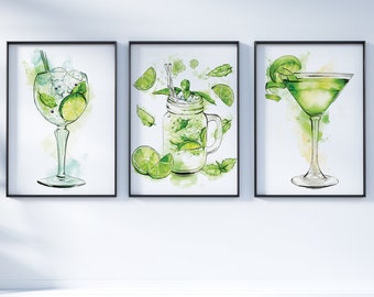 SET OF 3 cocktails for gallery wall Gin Mojito Martini Giclée prints watercolour painting illustrations Home Bar drinks wall art Gift Set