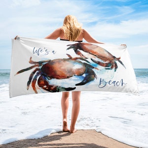 Crabs Beach Towel Watercolour painting Cancer Zodiac inky Surfer surf nautical Coastal swimwear accessories personalised calligraphy gift