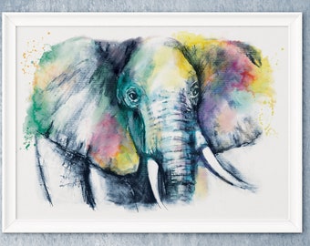 Elephant watercolour painting colourful hand painted wall art poster Giclée print African animal lover bright sketch picture Leona Beth Art