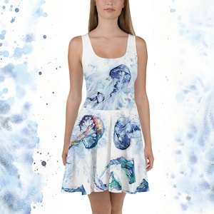Qualle Skater Kleid Aquarell all over Print Tie Dye Sommer Strandkleid Boho Unikat handbemalt auf Bestellung Surf Nautik Leona Beth