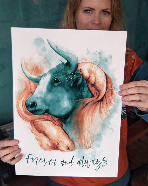 Stier und Fische Sternzeichen Malerei Giclée Druck Freundschaft Aquarell  Kunst Leinwand Hochzeit Sternzeichen Astrologie personalisiertes Geschenk  Ochsenfisch