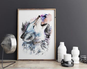 Wolf Watercolour Painting Giclee Print Fantasy Animal Wolves Gothic Night Dark Atmospheric Pagan Witch Wild Art Print wildlife forest winter