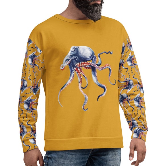 Octopus Print Unisex Sweater Artist Allover design nautical ocean sweatshirt coastal watercolour diver surfer skater street gym unique gift