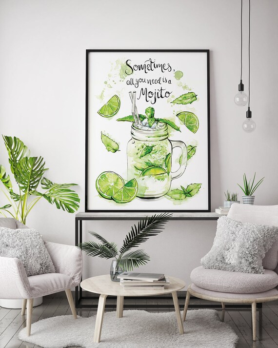Calligraphy Mojito Cocktail Watercolour Painting Slogan Quote Gift Illustration Stocking Filler Drinks Wall Art Print A4 A3 A2 Any Size