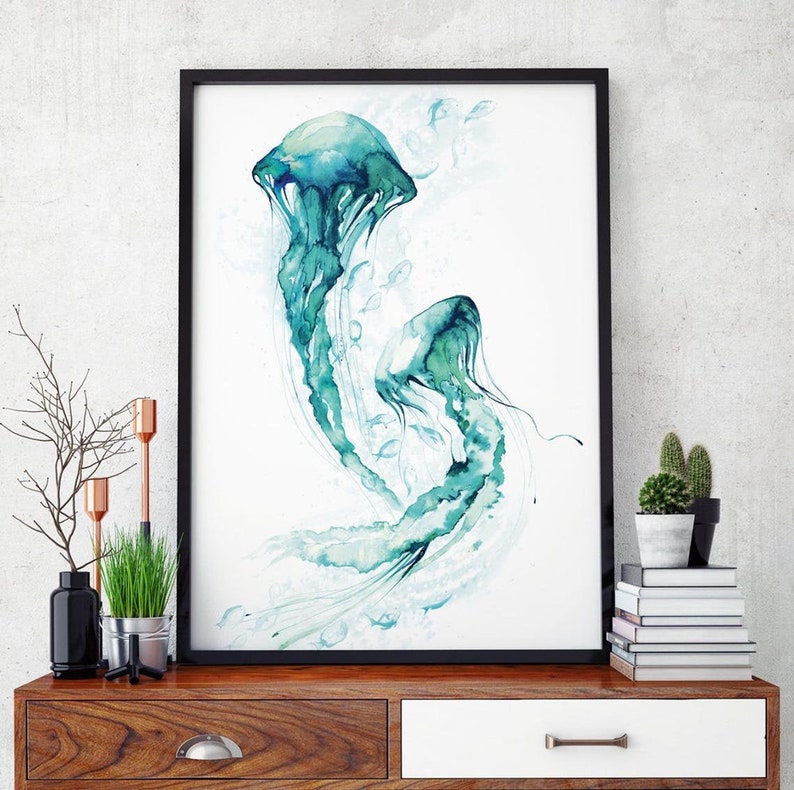 Jellyfish Watercolour Painting Giclée print coastal decor wall art sea ocean nautical beach house jelly fish wedding gift swimmer surfer image 1