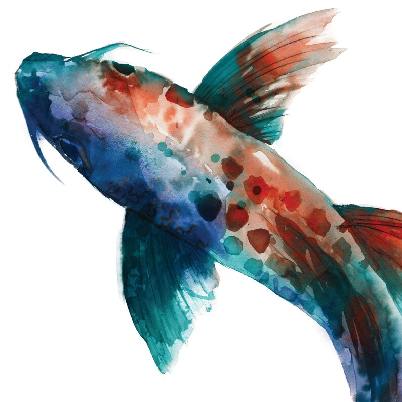 May include: Watercolor painting of a blue, green, and red fish with spots. The fish is swimming upwards with its tail fin spread out.