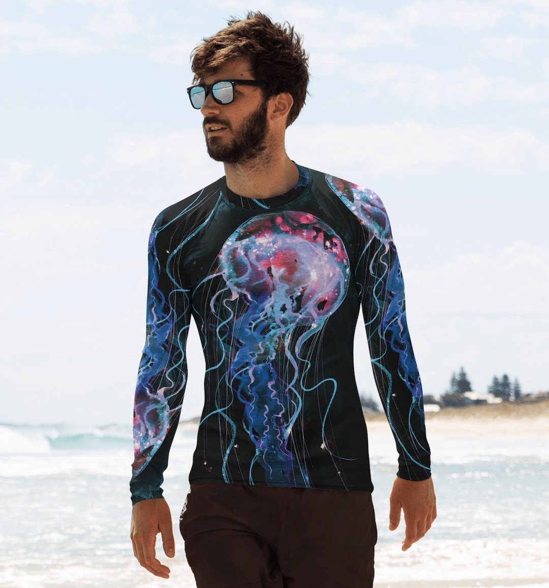 Men's Rash Guard Jellyfish Artist All Aver Print Day Glow Surf Swim Sun ...