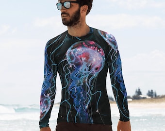 Mannen Rash Guard Jellyfish Artist all aver print Day Glow Surf Swim Sun Safe UPF 50 zwemmer surfer cadeau strand zomer kleding oceaanliefhebber