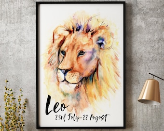 Leo Lion Zodiac watercolour painting starsign Giclee print animal lover wedding custom birthday gift personalised calligraphy hand painted