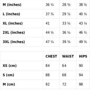 Op de afbeelding: Maattabel voor kleding met metingen in inches en centimeters. De tabel toont borst-, taille- en heupmaten voor maten XS tot 3XL.