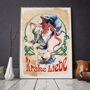 Octopus mermaid vintage retro pirate art nouveau pin up watercolour inky tattoo wall art poster illustration Leona Beth Art Giclée print