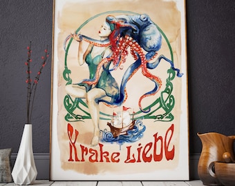 May include: A watercolor painting of a woman with red hair sitting on a blue octopus. The octopus has red tentacles and is holding a small ship. The background is a light brown color with green and gold accents. The text "Krake Liebe" is written in red at the bottom of the painting.