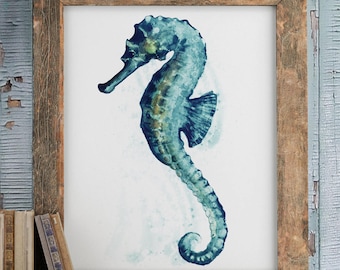 Caballito de mar acuarela Pintura pared arte océano náutica decoración costera pescado vida marina tinta acuarela Giclée impresión Lienzo boho regalo de surf junto al mar