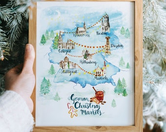 Watercolour German Christmas market map illustration festive Germany wall art xmas travel europe Poster Giclee Print canvas available Gift