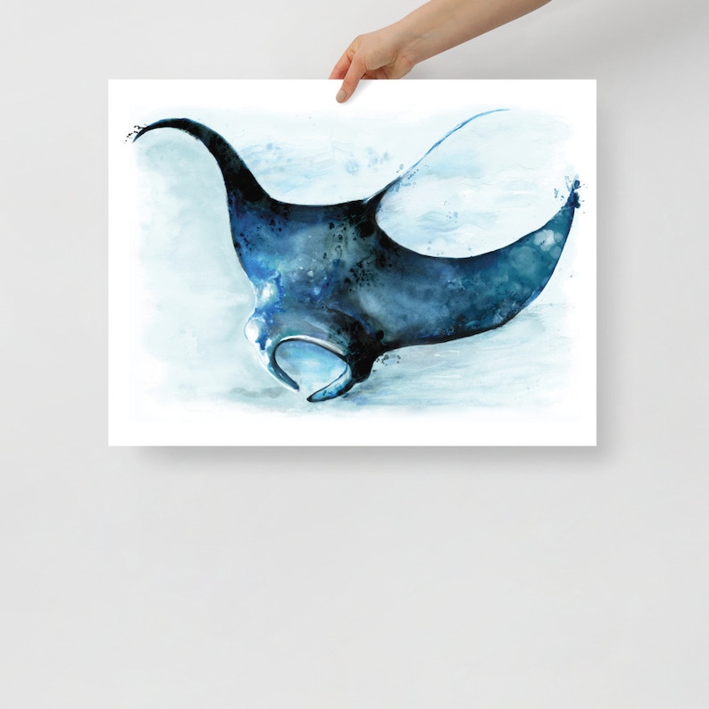 Manta Ray Watercolour Painting Wall Art Ocean Nautical Poster Coastal ...