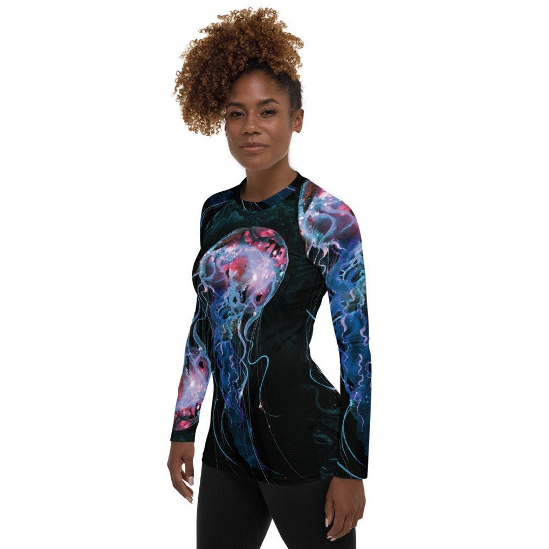 Jellyfish Women's Rash Guard Top 40 UPF Surf Beach Sun Safe Hand