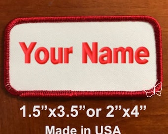 Custom Embroidered Patch /Personalized Name Tag /Motorcycle Biker Badge /1.5"x3.5" or 2"x4" Rectangular   White Background/Red border