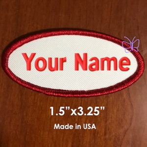 Custom Embroidered Patch /Personalized Name Tag /Motorcycle Biker Badge/ Oval /1.5&quot;x3.25 White/Red border