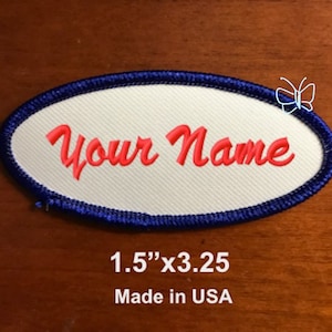 Custom Embroidered Patch /Personalized Name Tag /Motorcycle Biker Badge /Oval /1.5&quot;x3.25&quot; White Background/ Royal Blue Border