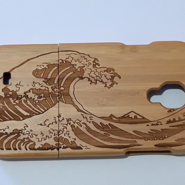 Echte natürliche massive Holz geschnitzt Bambus Samsung S4 Handytasche Abdeckung Wellen graviert Design nachhaltige umweltfreundlichholz kostenlos UK Porto