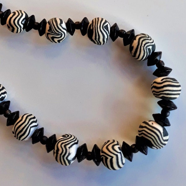 Collectable African Tribal Necklace / Hand made collectible African beads / African terracotta Pottery art / zebra black and white Necklace