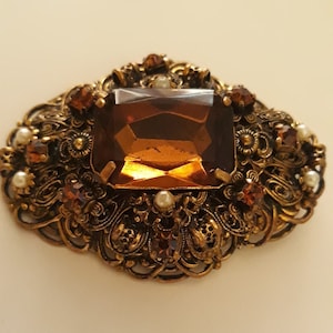 Statement Czech Filigree Brooch 6.5 cm, Topaz Glass Brooch, Neiger Brothers, Renaissance revival Jewelry, Large Antique 1920&#39;s  Brooch