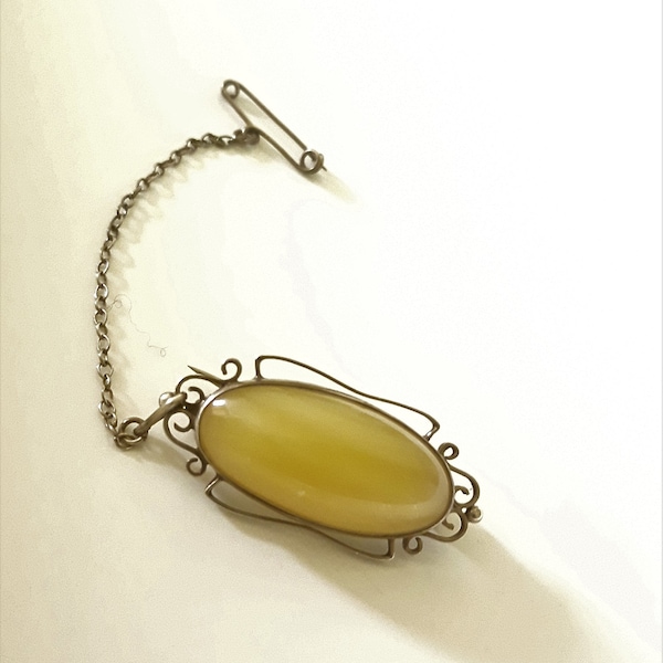 Antique Sterling silver Butterscotch Baltic Amber in the milky creamy shade with safety chain / collectible antique jewellery