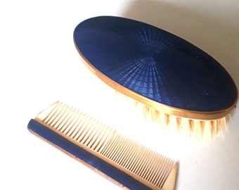 Antique blue Guilloche Enamel Brush and Comb on Brass / Vanity Display set Blue Enamel / Art Deco Art Nouveou Vanity Set / Vintage Dressing