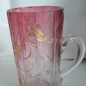 ANTIQUE MOSER Cranberry Glass / Biedermeier gilt painted Vessel Mug / Souvenir Wiesbaden Germany