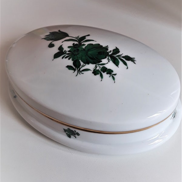 Austrian Porcelain Large Trinket Box 19 cm / Vienna Augarten Maria Theresia Pattern Green Bouquet Flowers / Desk Trinket Box