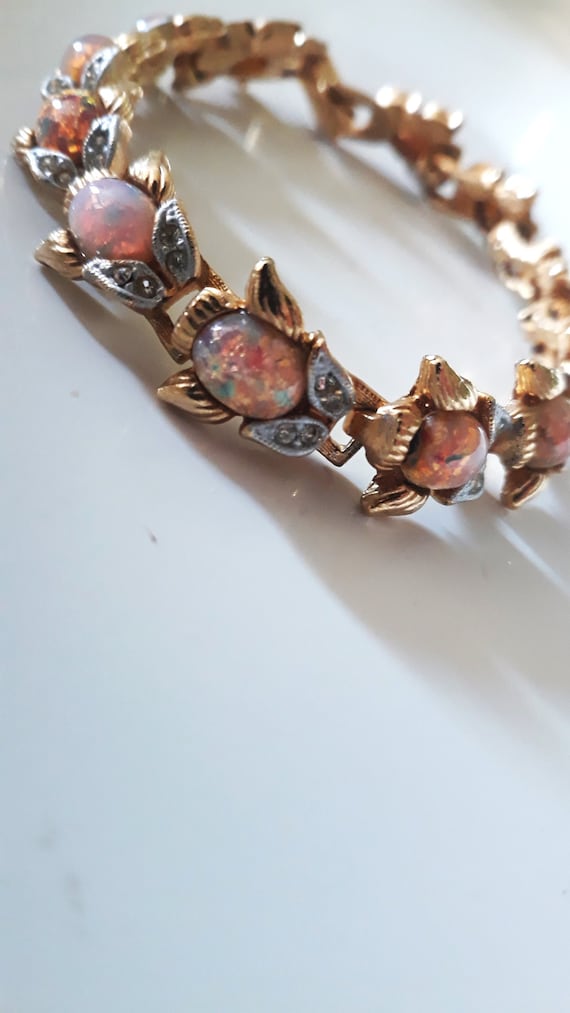Vintage Fire Opal Glass Floral Bracelet / Czech Op