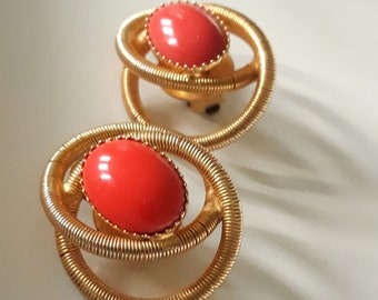 Stunning Mid Century Space Earrings Oversized clip on / Vintage Orb Saturn Planet Jewelry / faux coral  Cabochon Circle design earrings