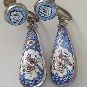 Antique silver Enamel Dangle Earrings / Islamic Hand Painted jewelry / Pheonix Bird auspicious symbols c1920s