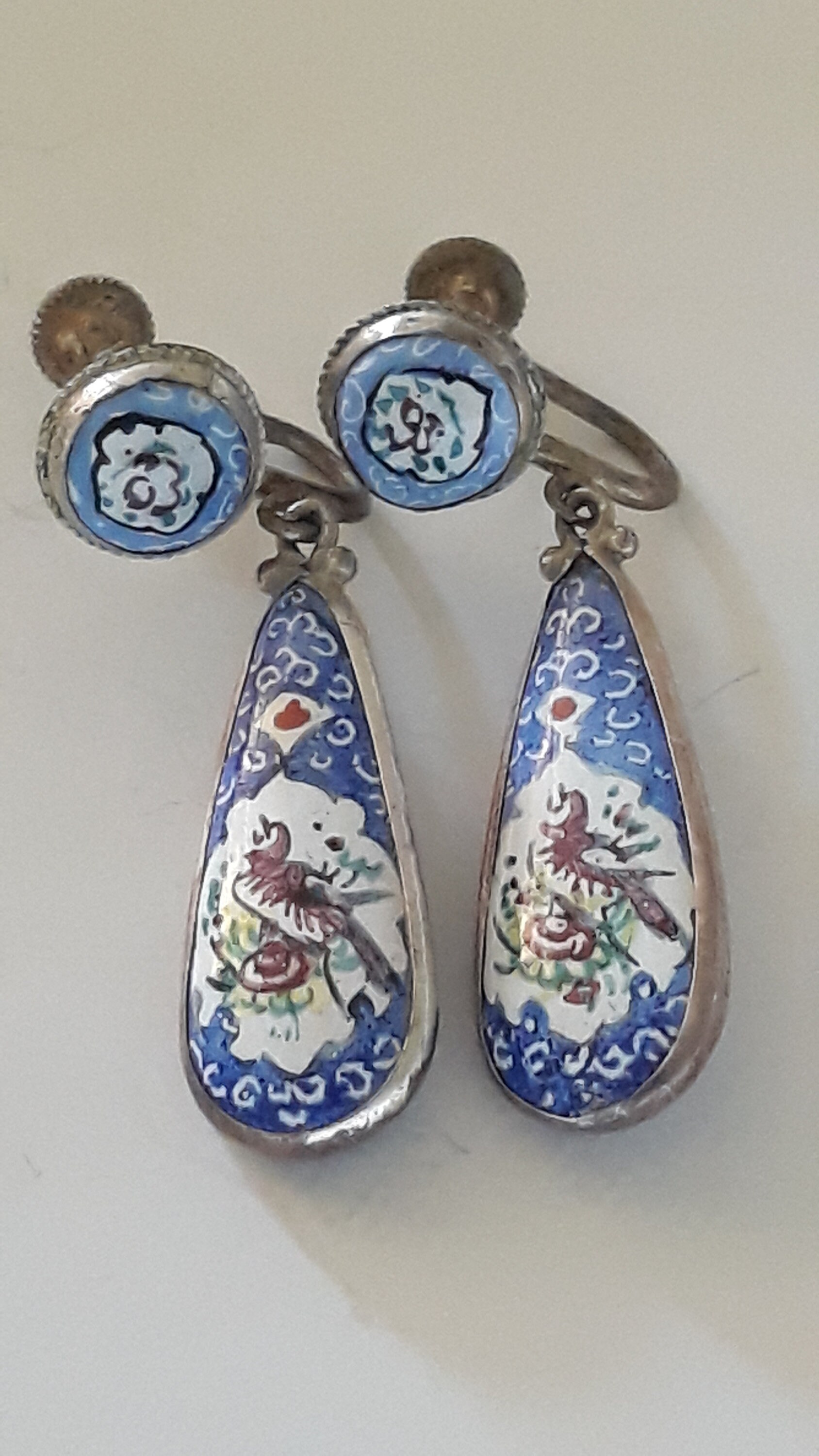 Antique silver Enamel Dangle Earrings Islamic Hand Painted jewelry Pheonix Bird auspicious symbols c1920s