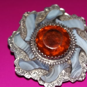Antique Arts and Craft Scottish pin Brooch citrine and banded blue agate / Scottish Celtic Silver Citrine Plaid Bonnet Brooch late victorian