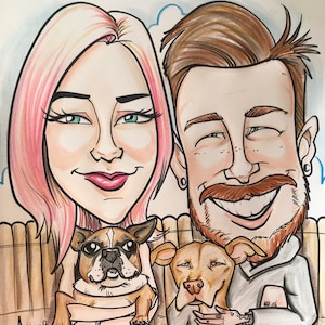 Hand drawn caricature (cartoon style portrait) of a couple holding their dogs. Man is kneeling next to woman. Simple backyard background. Created on 11x14 paper using a chartpak marker for the black lines and neo colors for the color.