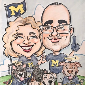 Michigan themed caricature drawing from photo of two people and four dogs